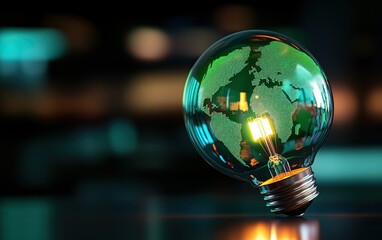 Light bulb shaped like the Earth, glowing with green and blue colors, representing eco-friendly energy solutions.