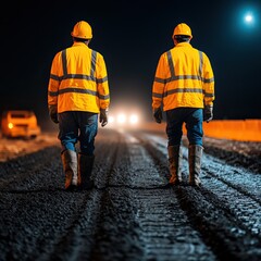 Two construction workers in safety gear walking on a dark road at night, illuminated by vehicle headlights.