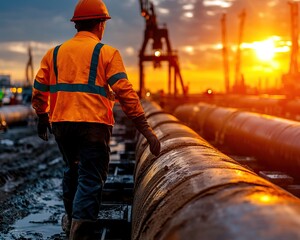 Worker in safety gear walking along oil pipeline at sunset, industrial setting with machinery in background.