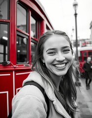 black and white a close up of a happy young woman near a red tra