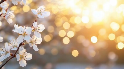 Poster - Cherry blossoms are in full bloom, bathed in warm sunlight, creating a peaceful ambiance enhanced by soft, dreamy bokeh effects around them