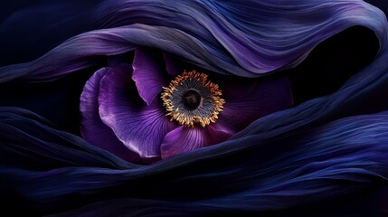 Sticker -  A purple flower with a yellow center in the midst of a dark blue cloth