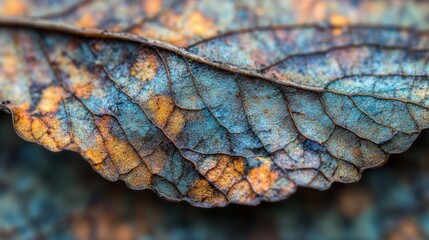 Wall Mural - A textured autumn leaf reveals beautiful blue and orange hues, highlighting the intricate patterns found in nature during fall