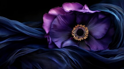 Sticker -  A large purple flower atop a bed of blue silk, resting on a black tablecloth