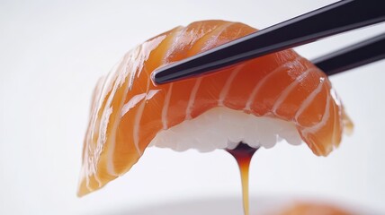 Salmon Sashimi with soy sauce or shoyu,Salmon sushi between two chopsticks on a white background,Japanese food,Japanese chef making sushi at restaurant.