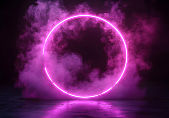 Wall Mural - pink neon circle in smoke.
