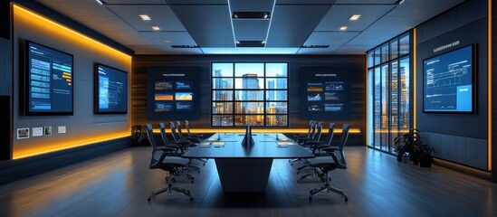 A modern conference room with large screen displays, a long table, and chairs, overlooking a city skyline at night.