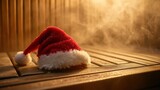 Santa hat on sauna bench, holiday promotion for spa and wellness salon services