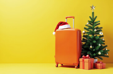 Wall Mural - A bright orange suitcase with a Santa hat on top stands next to a small Christmas tree and wrapped presents, all on a bright yellow background. Festive Christmas travel theme.