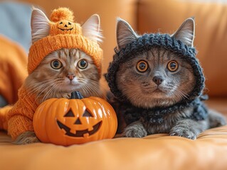 cat and dog dressed in playful halloween costumes against a vibrant orange background, radiating fun and joy in celebration of the spooky season, with cute expressions