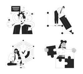 Fototapete - Innovative business people diverse black and white 2D concepts set. Successful entrepreneurs outline illustration characters isolated. Corporate transformation metaphors monochrome vector collection