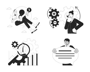 Fototapete - Digital business processes management black and white 2D concepts set. Entrepreneurs employees outline illustration characters isolated. Enterprise technology metaphors monochrome vector collection