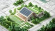 © Philipp - Model of a sustainable green home, featuring solar panels and green roofs, set on top of architectural blueprints. The design highlights eco-friendly living, renewable energy, and modern architecture.