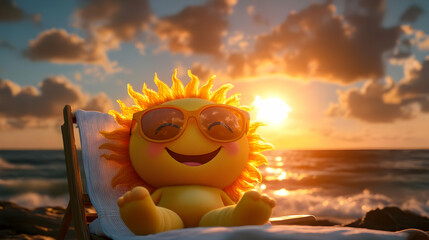 Happy Sun Relaxing On The Beach At Sunset.