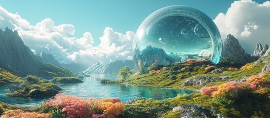 A large glass sphere sits in a mountain valley with a lake in the foreground. The sphere reflects the surrounding landscape and sky.