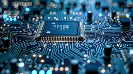 Aufkleber - The image reveals a detailed microchip placed on a circuit board adorned with glowing blue lights, highlighting modern technology and electronic components.