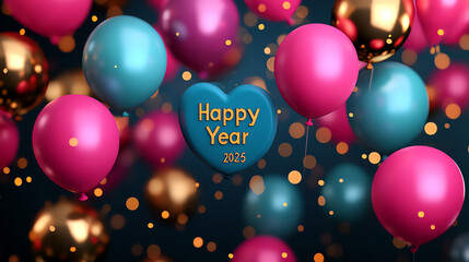 Colorful balloons in vibrant shades of pink, blue, and gold celebrate the New Year with a festive mood. The scene features a cheerful 'Happy Year 2023' greeting amidst sparkles.