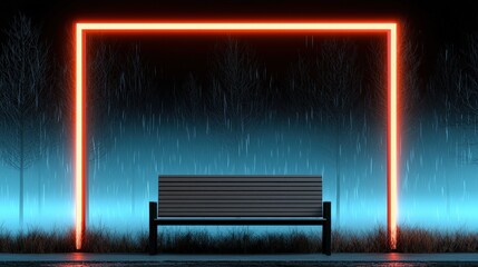 Wall Mural - Neon Glow Frame in Foggy Forest with Bench and Rain at Night