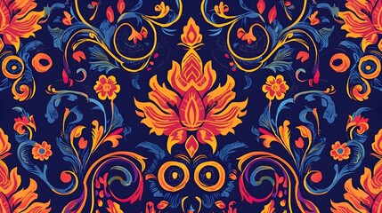 Vibrant Thai Inspired Floral Pattern Background with Swirling Lines and Motifs