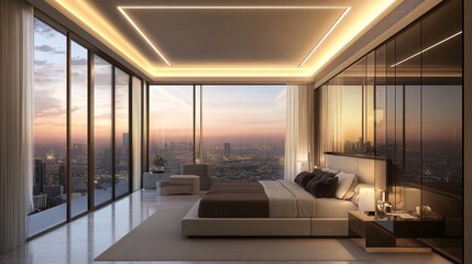 Contemporary bedroom with fluorescent ceiling lights and floor-to-ceiling windows, filling the space with natural light.