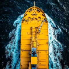 Aerial view of a large yellow cargo ship navigating through blue ocean waters.