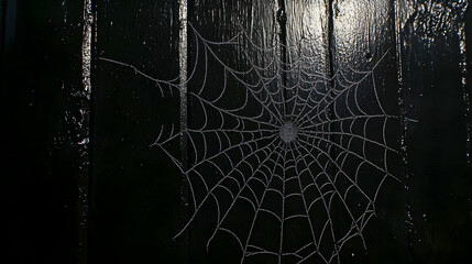 Spider Web on a Black Wooden Surface.
