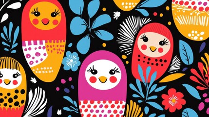 Colorful nesting dolls on a floral background, black isolate.