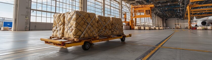 Cargo transport on a trolley inside a spacious industrial warehouse.