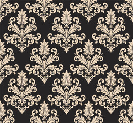 Antique damask style vintage seamless ornament in beige and black featuring symmetrical floral motifs. Seamless damask pattern.