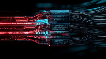 Poster - an abstract visual of an internet user, their personal data flowing through glowing cables secured b
