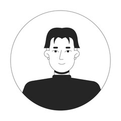 Poster - Middle part haircut korean man with stud earrings black and white 2D avatar illustration. Asian hairstyle guy turtleneck outline vector character face isolated. Round frame user profile image portrait