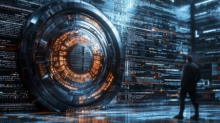 Poster - a digital safe bursting with encrypted files, while a hacker stands outside confused by the multiple