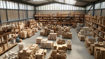 Efficient warehouse filled with organized cardboard boxes and pallets