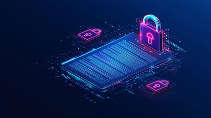 Poster - A glowing privacy policy document with digital padlocks surrounding it, while a hacker tries to break in but is blocked by security layers.