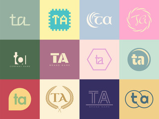 TA logo company template. Letter t and a logotype. Set different classic serif lettering and modern bold text with design elements. Initial font typography.