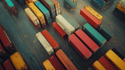 Aerial view of colorful shipping containers in a busy freight yard.