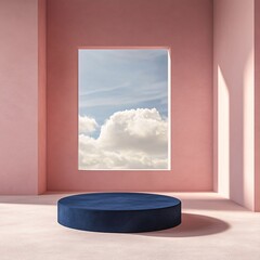 Poster - Modern interior with a circular blue platform, soft lighting, and large window revealing a serene sky with clouds, creating a tranquil atmosphere.