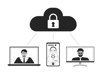 Fototapete - Secure cloud storage for small business black and white 2D illustration concept. File sharing between employees outline characters isolated. Keeping data safe, protected metaphor monochrome vector art