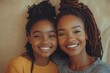 © Raool - Portrait of cute black girl and her mother hugging and smiling at camera, beige background, healthy united family, mother daughter bonding concept, Generative AI