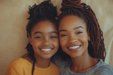 Portrait of cute black girl and her mother hugging and smiling at camera, beige background, healthy united family, mother daughter bonding concept, Generative AI