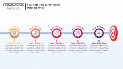 Arrow Infographic Timeline with 5 Steps and Editable Text on a 16:9 Layout for Business Presentations, Management, and Evaluation.