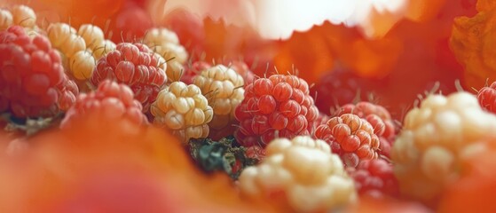 Wall Mural -  A cluster of raspberries atop oranges, arranged in layers