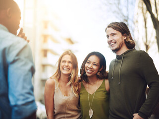 Sticker - Talking, smile and friends in city together for community, bonding or tourism for weekend break. Chat, outdoor and group of happy people in urban town or street for adventure, holiday or vacation