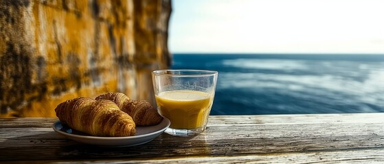 Wall Mural -  A wooden table holds a plate of croissants and a glass of orange juice, with an ocean view