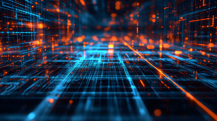 Poster - Futuristic Holographic Display with Intricate Lines and Glowing Blue and Orange Lights Against a Minimalist Grid Background