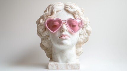 marble bust with pink heart glasses, minimalist art style