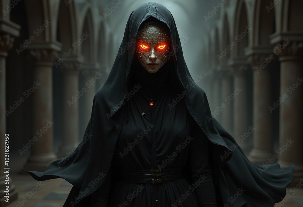 Mysterious, faceless female figure cloaked in a flowing, inky black ...