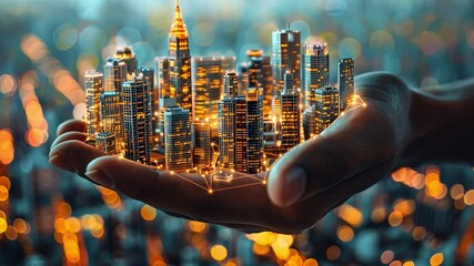 Poster - A hand cradles a glowing miniature city, highlighting intricate skyscrapers and vibrant lights against a blurred urban landscape at dusk, symbolizing innovation and progress.