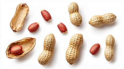 Top View of Peanuts in Various Forms with Textured Shells and Glossy Seeds on White Background