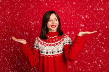 Wall Mural - Photo of gorgeous positive nice girl with straight hairstyle wear red sweater look demonstrate two palms isolated on red color background